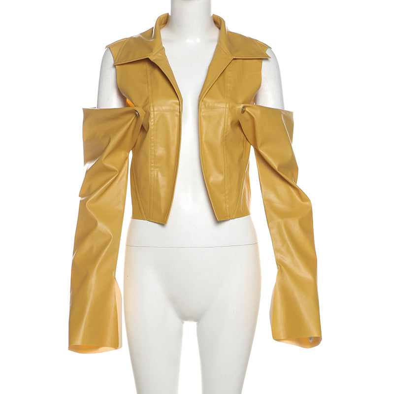 Cropped Faux Leather Jacket for Women with Detachable Sleeves