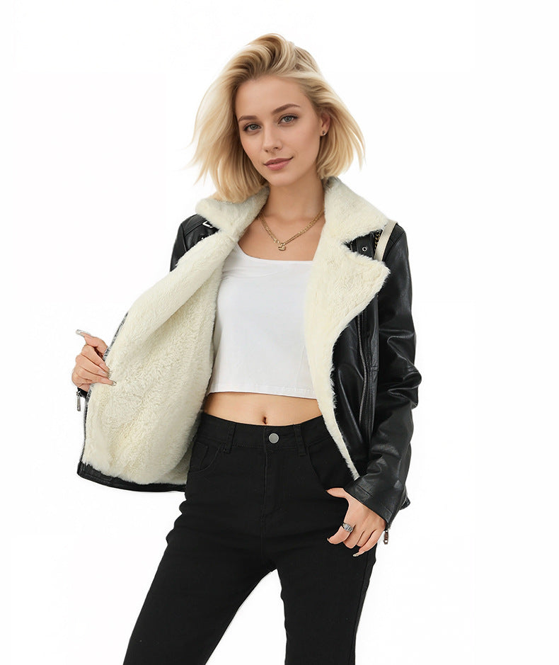 Women Faux Leather Moto Biker Jacket with White Fur Lining