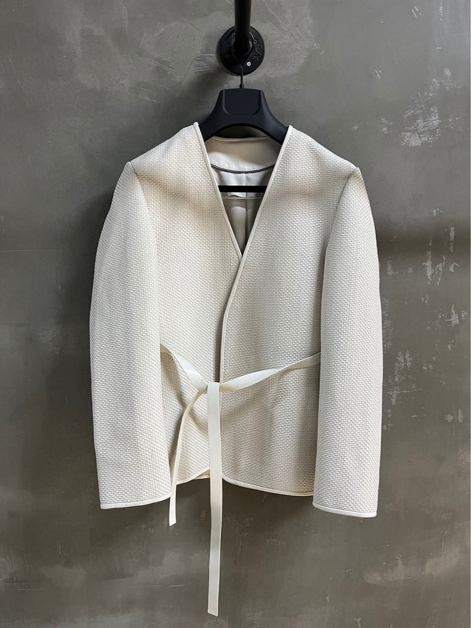Women Hand Woven Leather Jacket with Open Front Belt