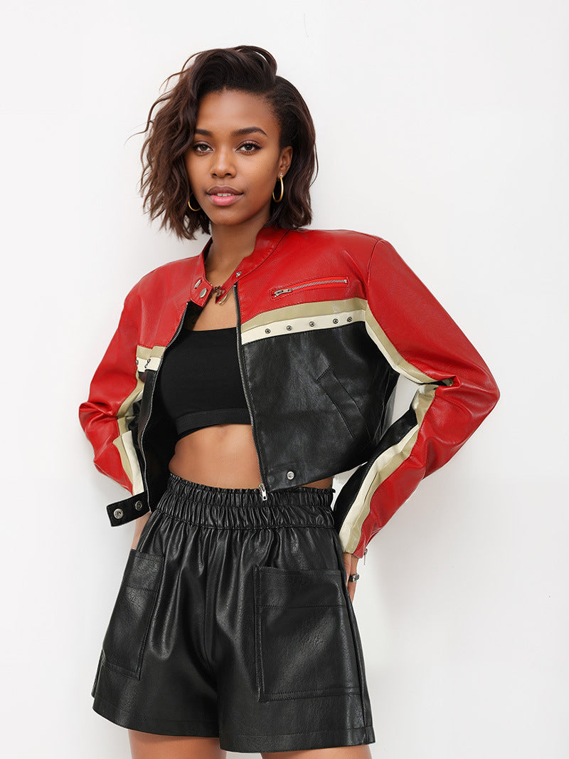 Cropped Faux Leather Biker Jacket for Women