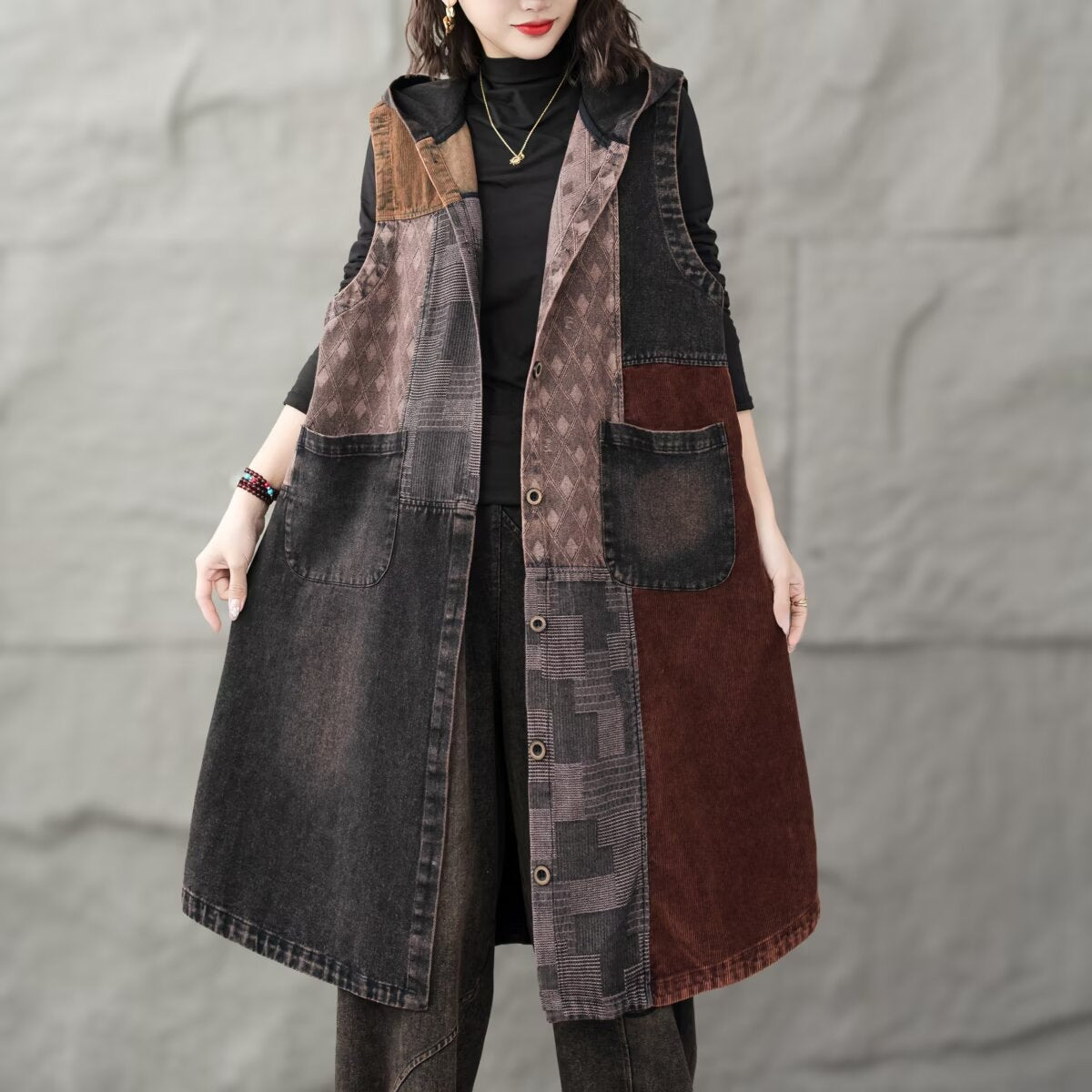 Patchwork Hooded Sleeveless Denim Dress for Women