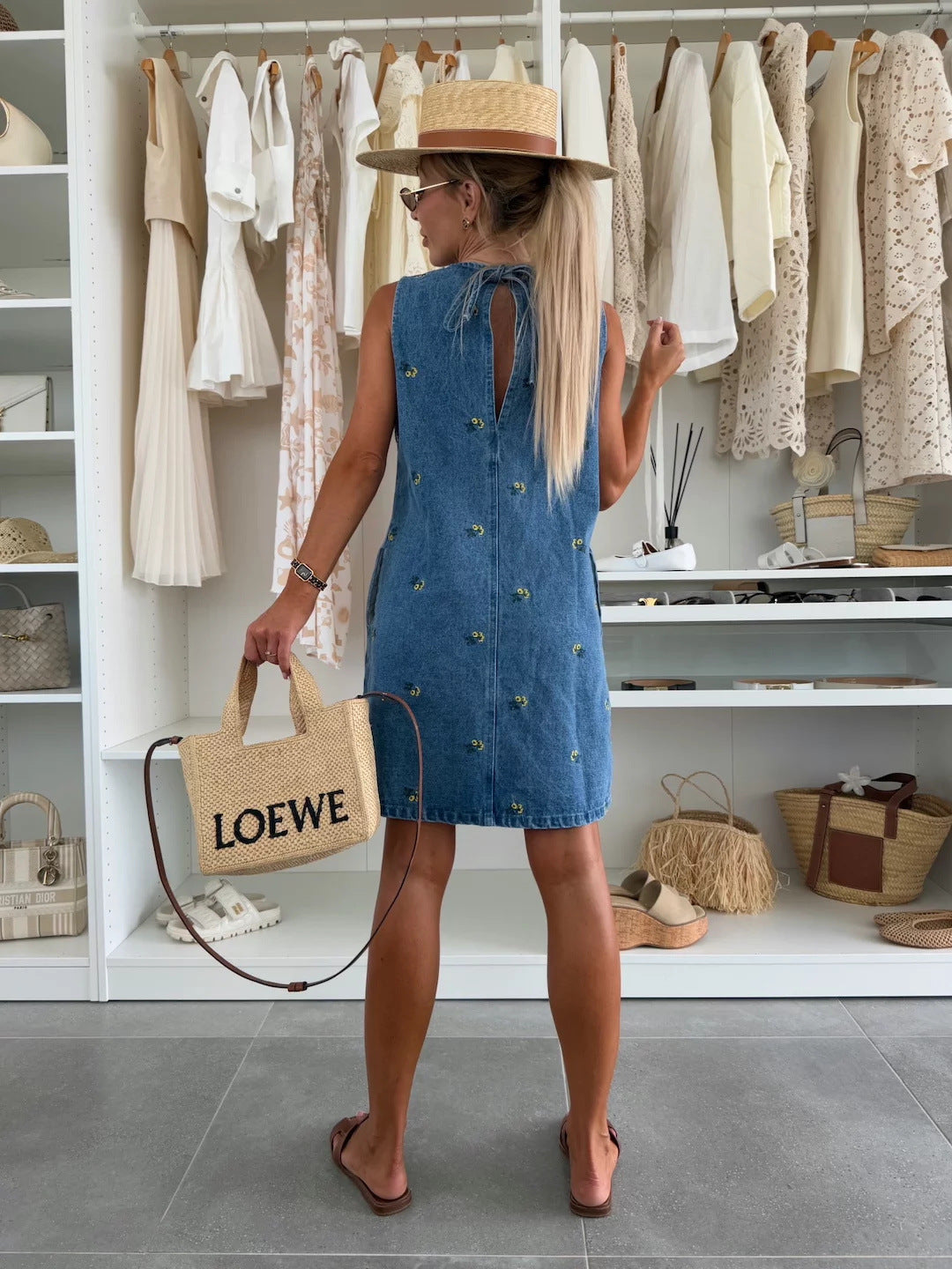 Sleeveless Denim Dress with Floral Embroidery