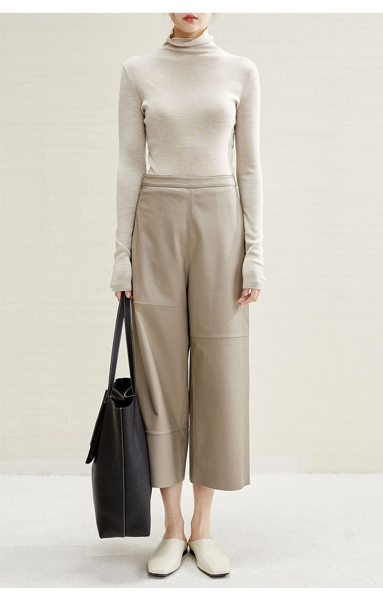 High Rise Leather Elephant Style Pants Straight Leg Midi Culotte