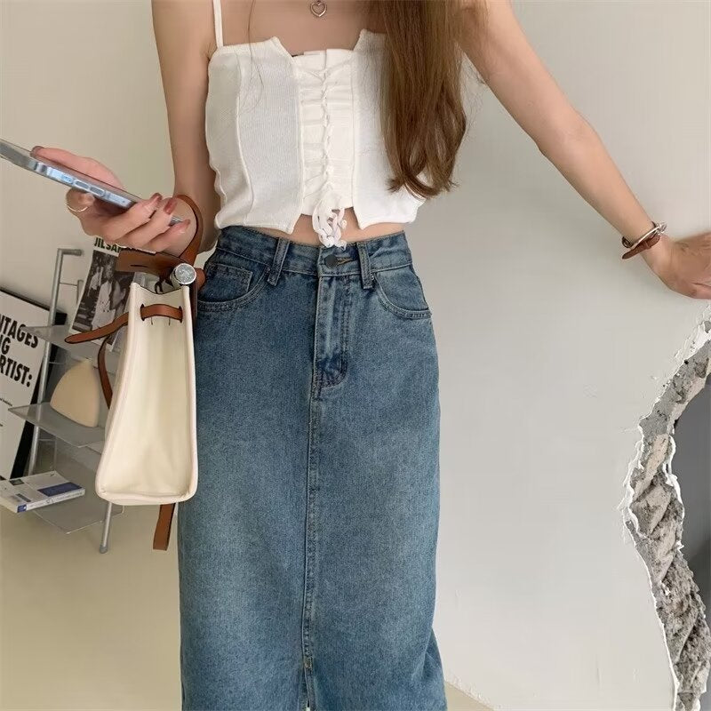 High Waist Denim Maxi Skirt