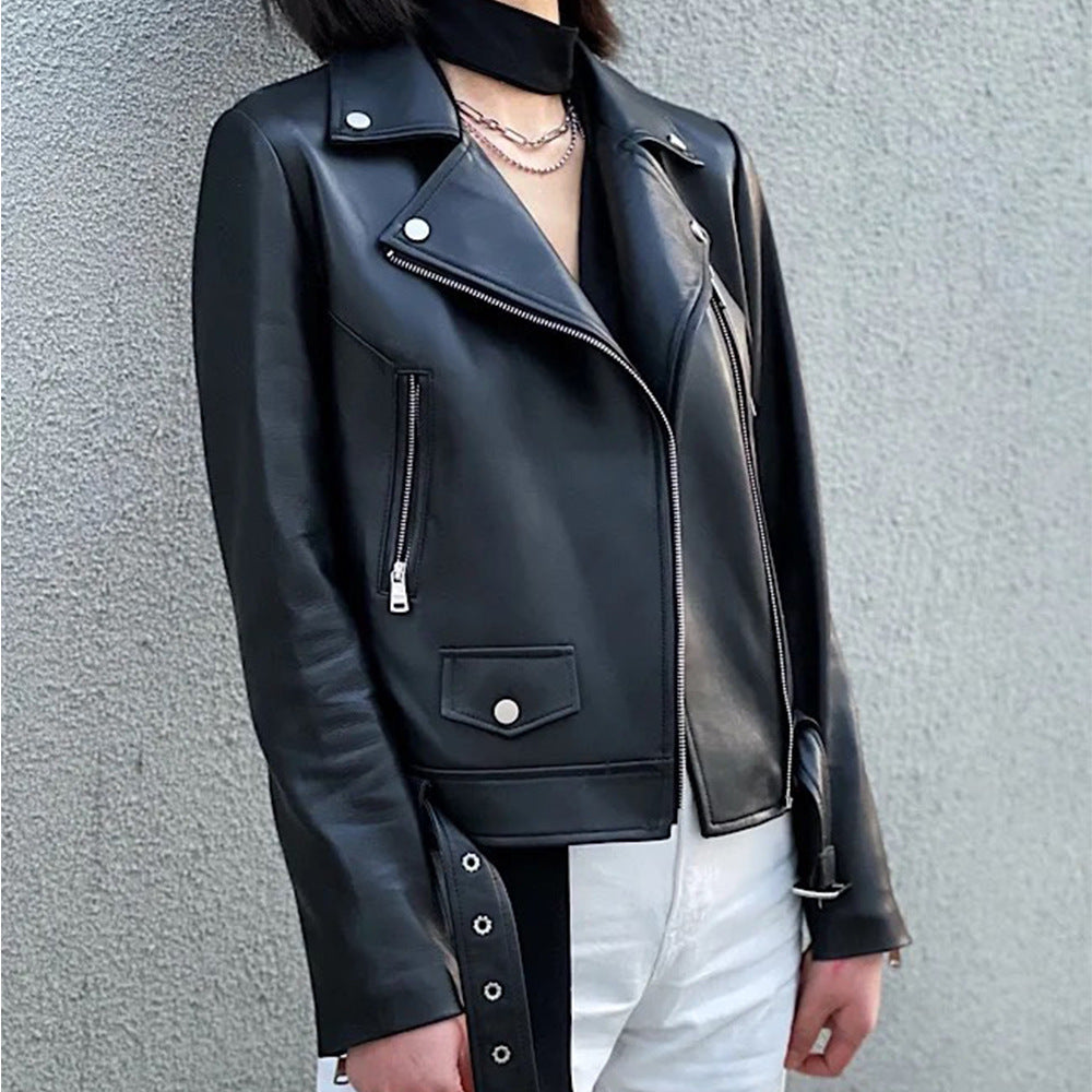 Women’s Genuine Leather Bomber Moto Jacket Black Short Fit