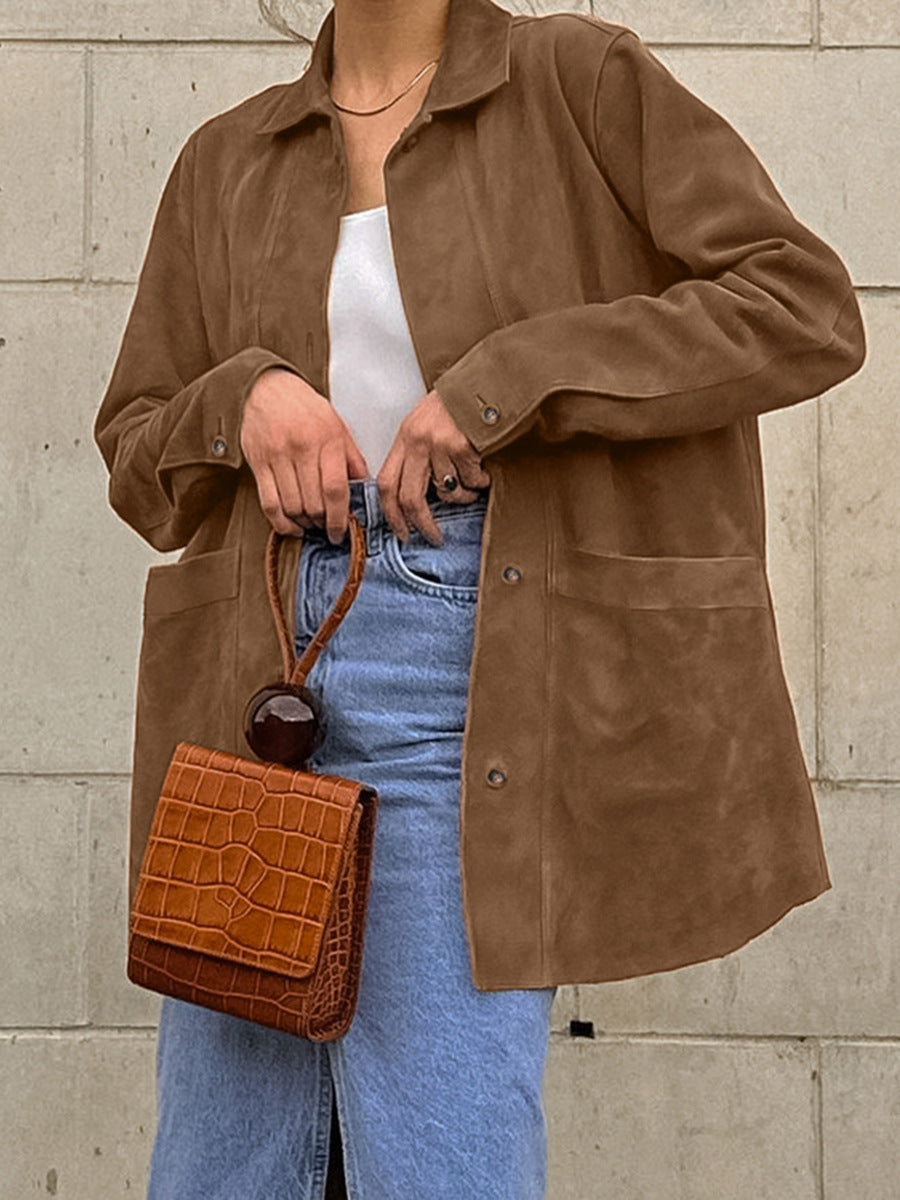 Brown Faux Suede Jacket Women’s Long Sleeve Lapel Coat with Pockets