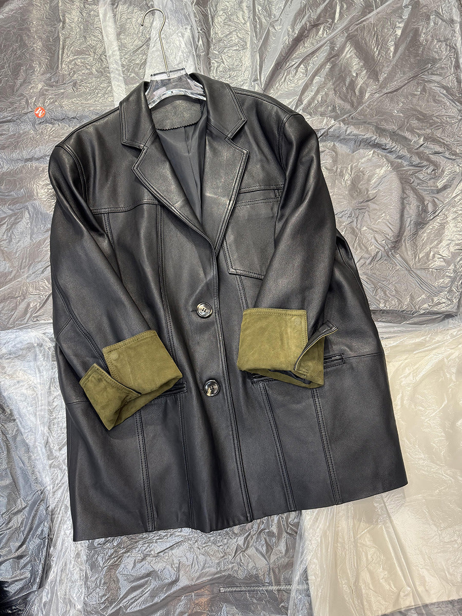 Women Leather Jacket Mid-Length Blazer with Suede Cuffs