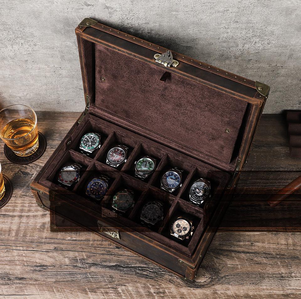 Vintage Leather Watch Box for Men 10 Slot Display Case