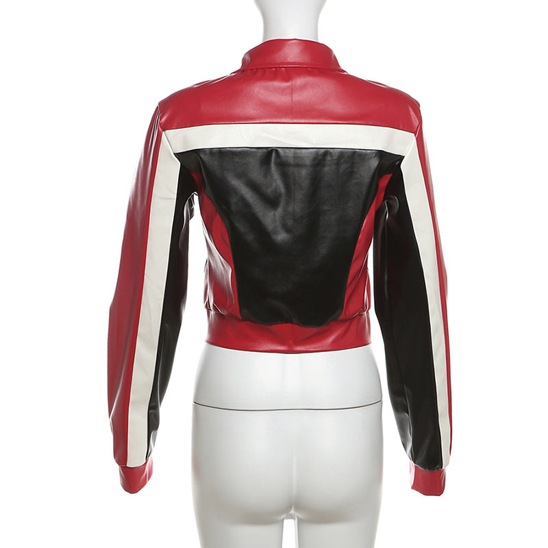 Red Faux Leather Bomber Jacket Women Moto Style