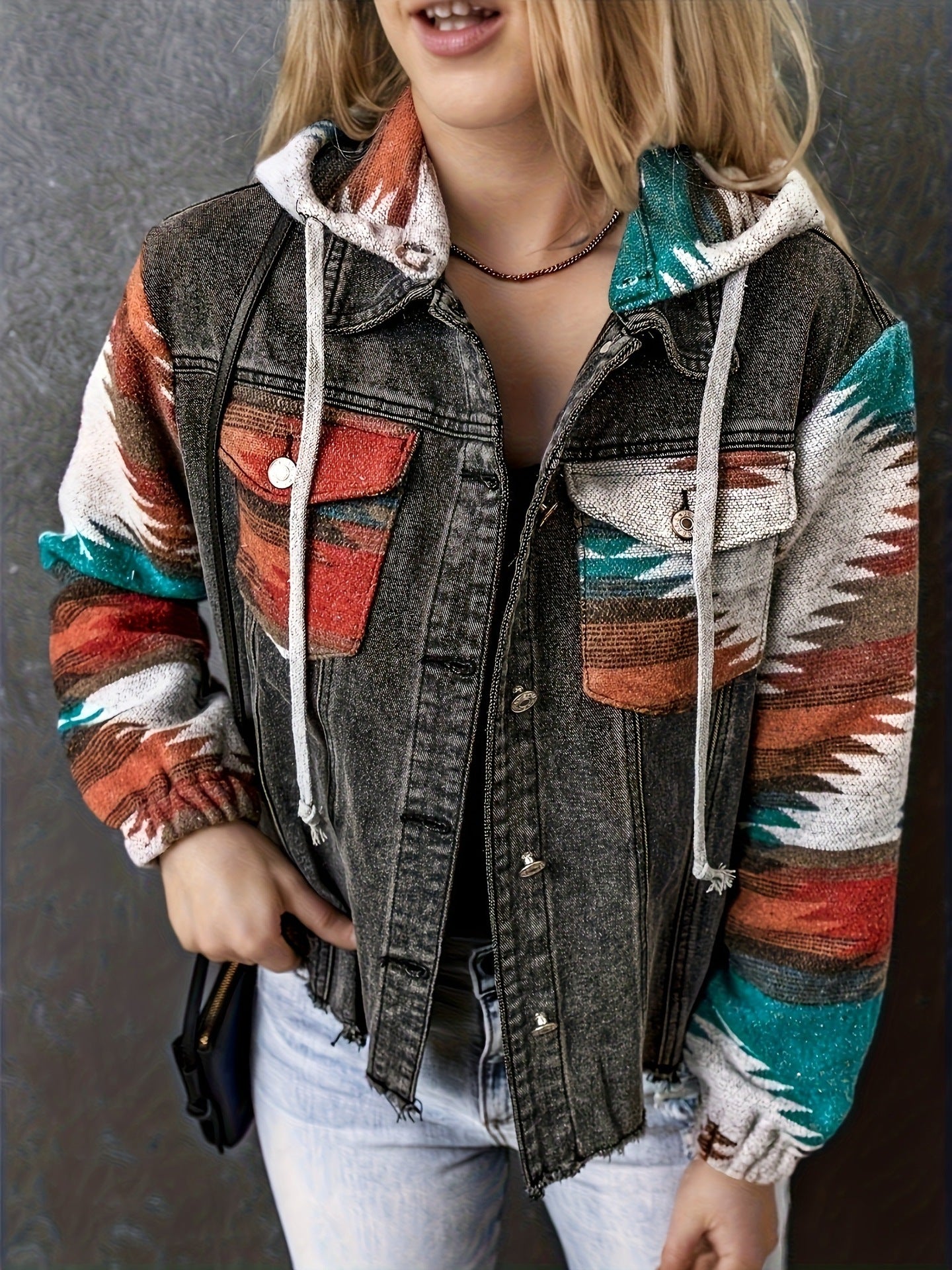 Oversized Aztec Denim Jacket with Hood and Tribal Sleeves