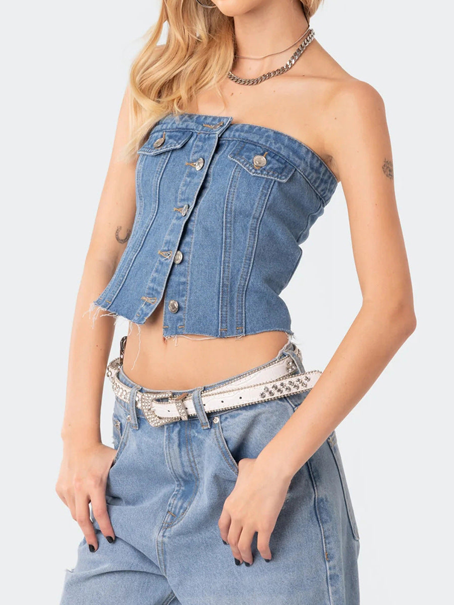 Women's Strapless Denim Button-Up Crop Top