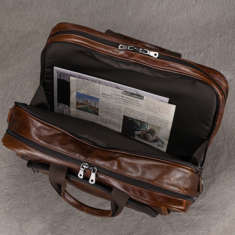 Genuine Leather Office Laptop Bag for Men with Trolley Sleeve