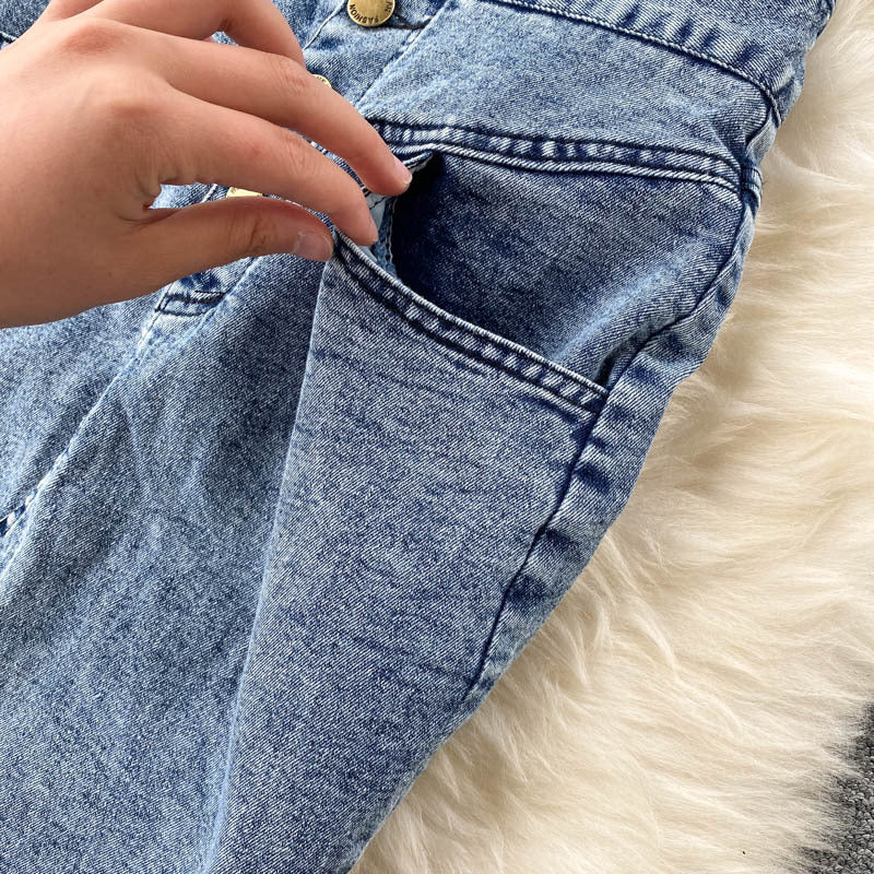 Women’s Denim Two Piece Skirt Set with Zipper Crop Top