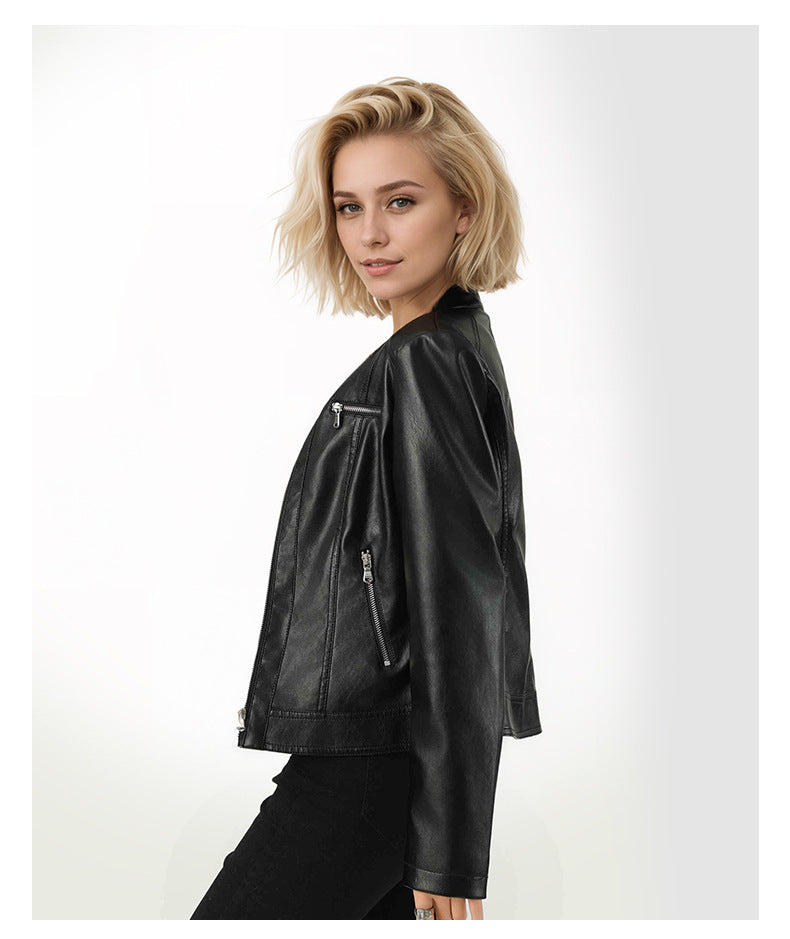Slim Fit Faux Leather Moto Jacket for Women