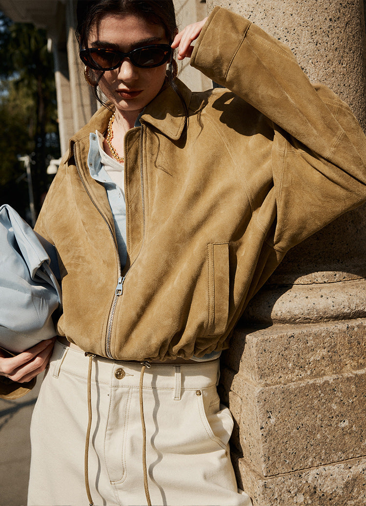 Tan Real Suede Leather Jacket for Women with Drawstring Hem