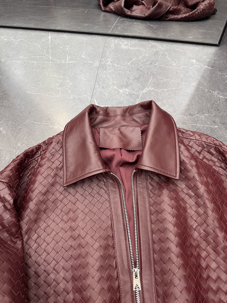 Old Money Style Braided Leather Jacket Loose Fit