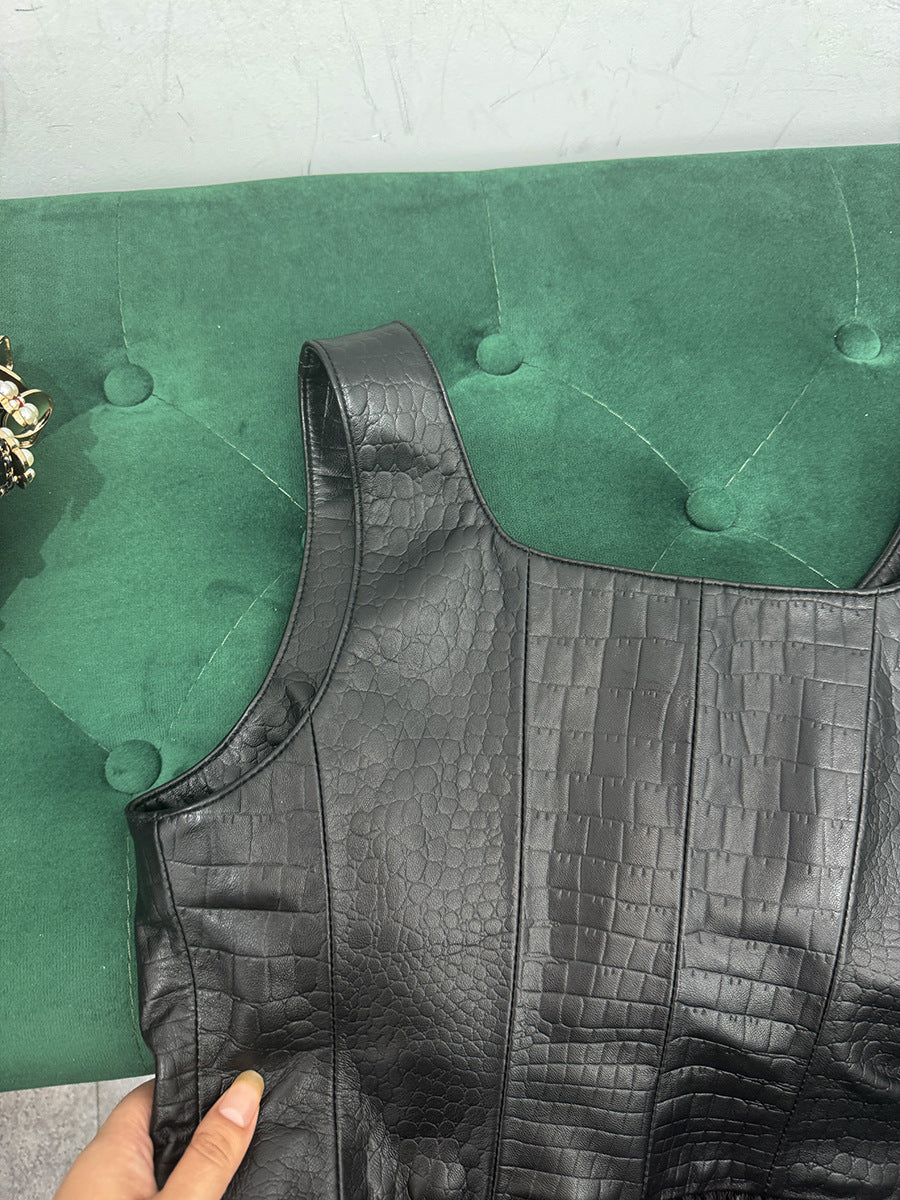 Women’s Genuine Leather Vest with Ostrich Feather Hem
