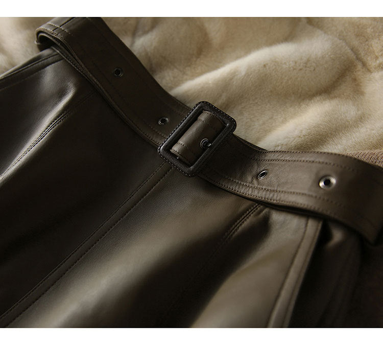 Olive Green Sheepskin Mid Length Leather Skirt with Belt and Slit