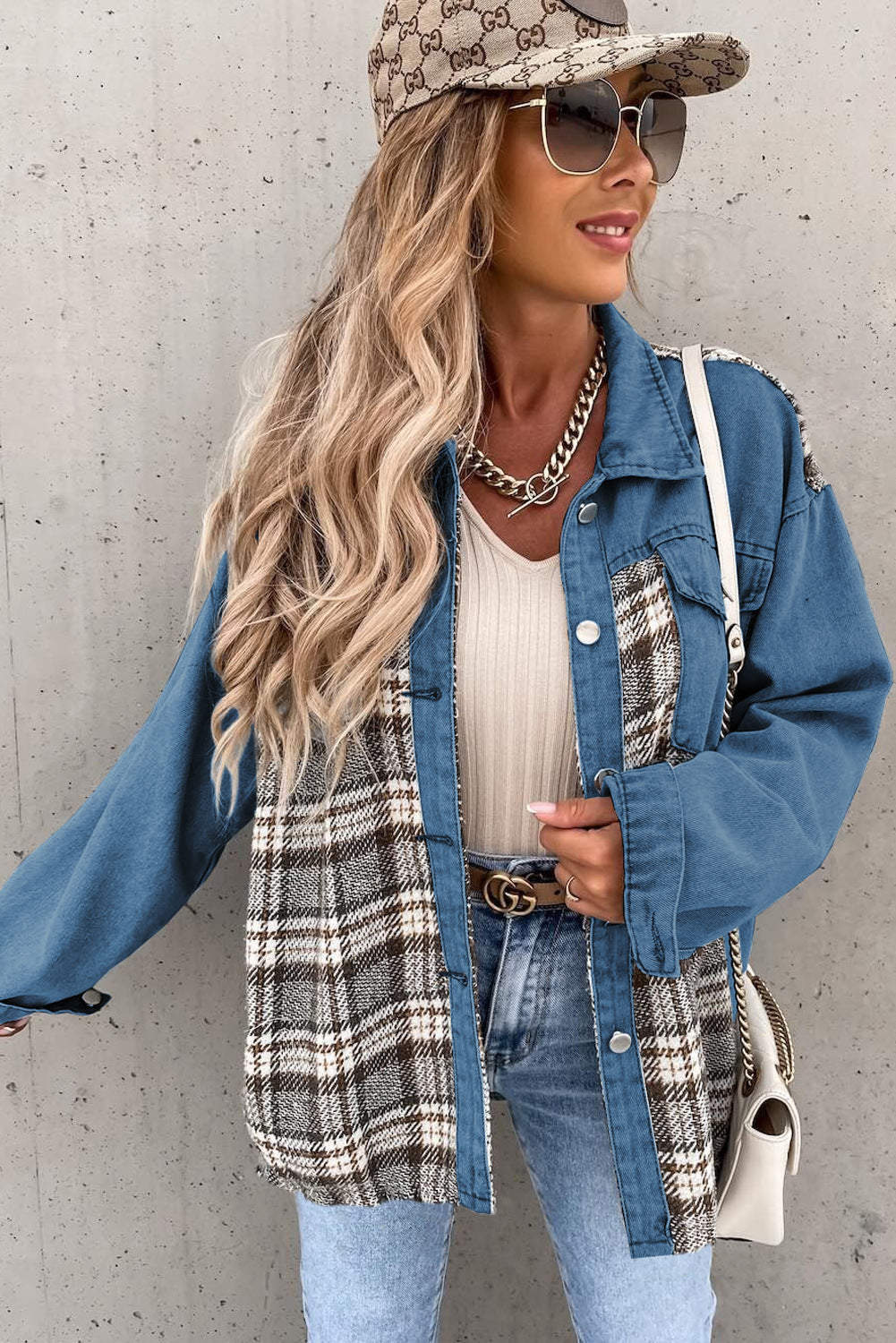 Mid-Wash Plaid Patchwork Oversized Denim Shirt Jacket for Women