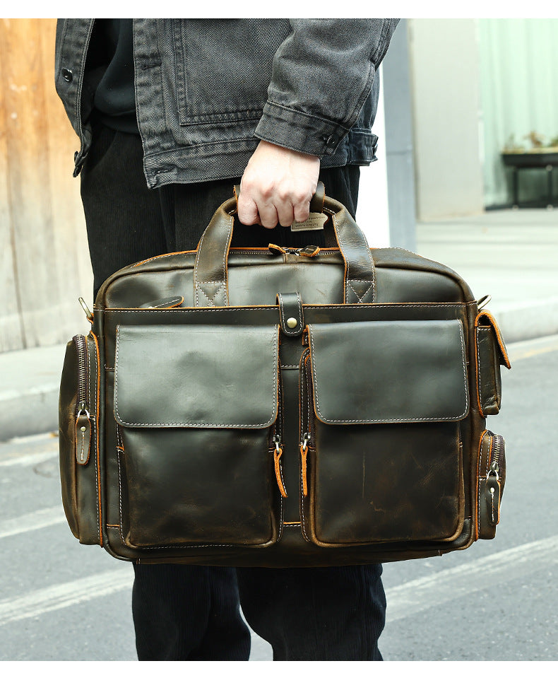 Genuine Leather Office Bag with Trolley Strap