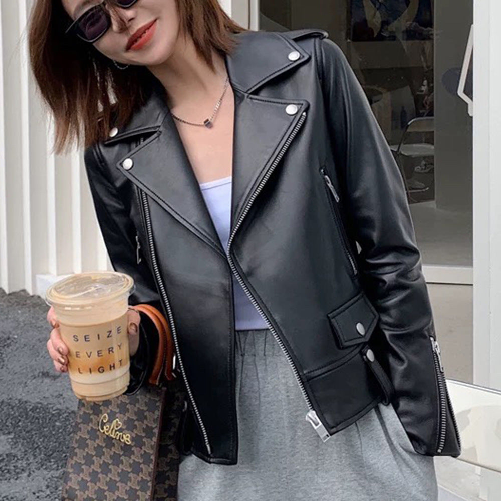 Women’s Genuine Leather Bomber Moto Jacket Black Short Fit