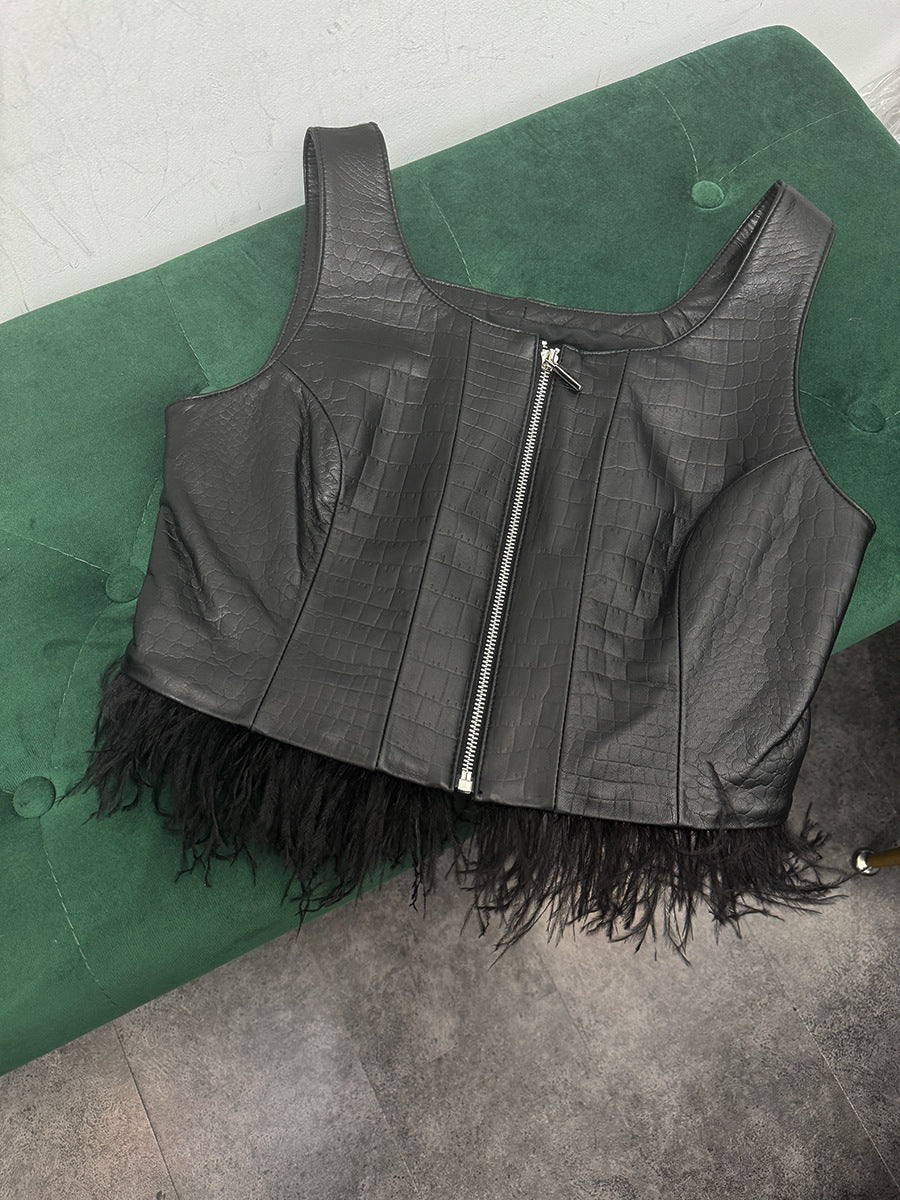 Women’s Genuine Leather Vest with Ostrich Feather Hem