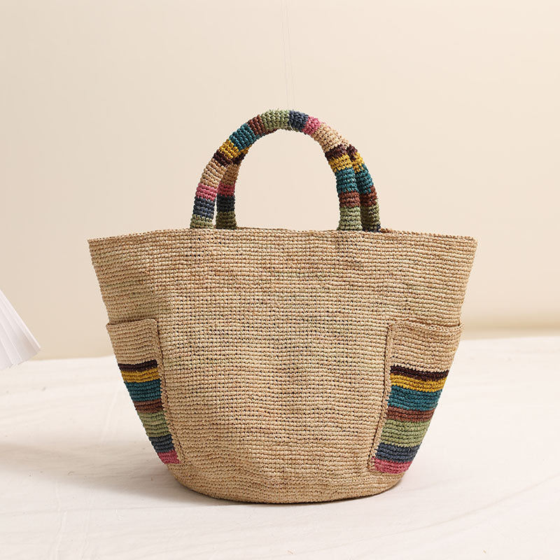 Woven Summer Straw Raffia Tote with Rainbow Handles