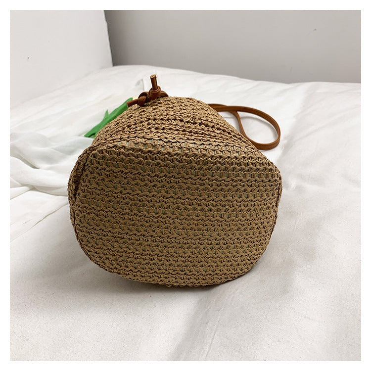 Straw Beach Bucket Bag for Women with Leather Strap
