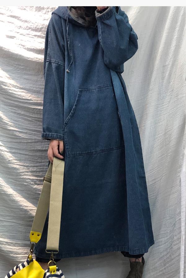 Oversized Denim Hoodie Dress for Women Long Sleeve Jean Maxi