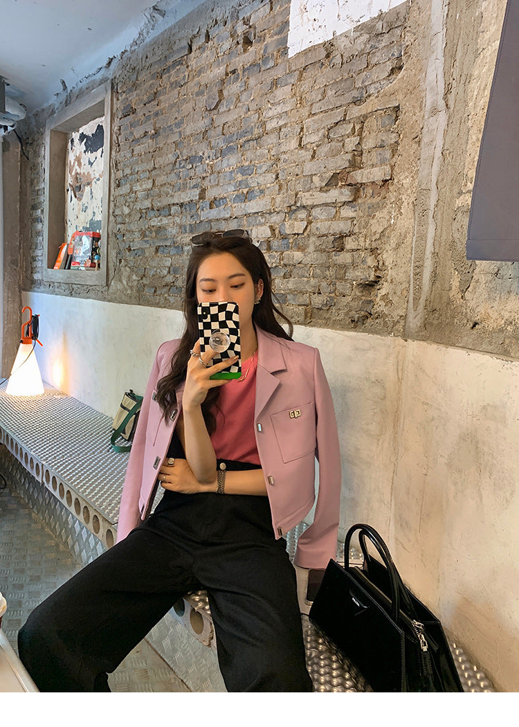 Women Cropped Pink Leather Jacket With Metal Lock