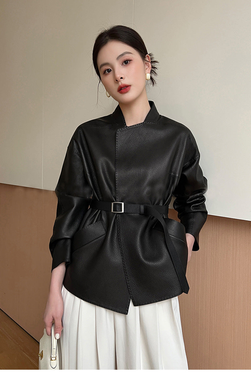 Women Leather Jacket Lychee Grain Belted Short Coat