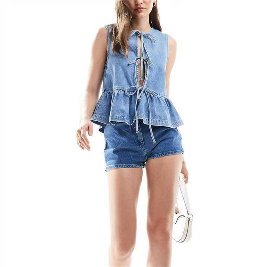 Sleeveless Lace-Up Denim Top