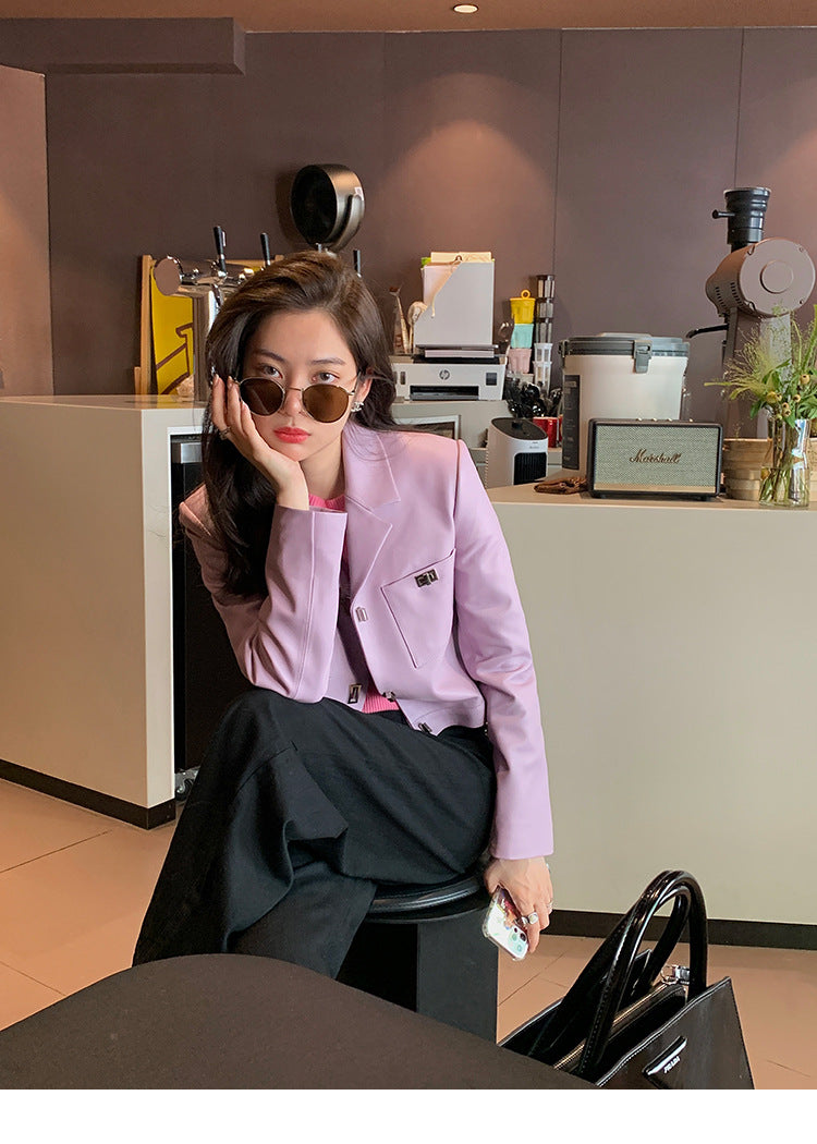 Women Cropped Pink Leather Jacket With Metal Lock