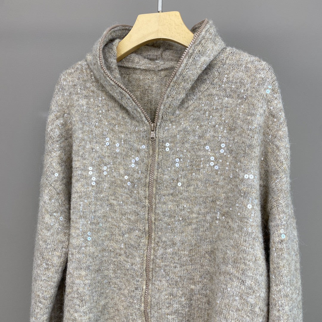 Women Mohair Cashmere Sequin Zip Cardigan Hoodie