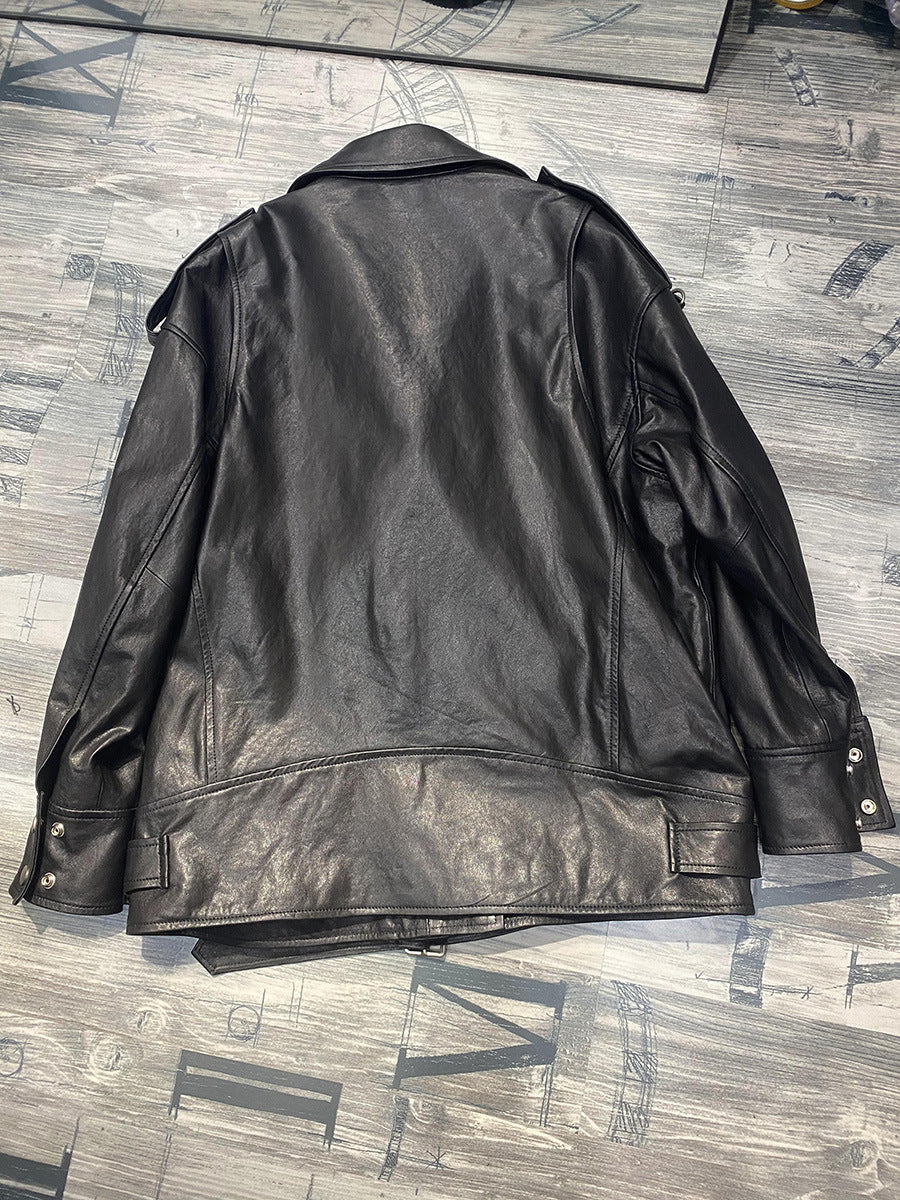 Women Oversized Genuine Leather Motorcycle Jacket Retro Washed