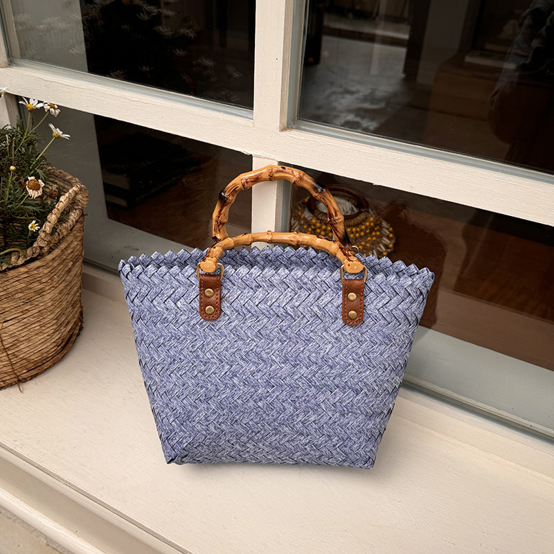 Woven Summer Tote Bag With Bamboo Handle
