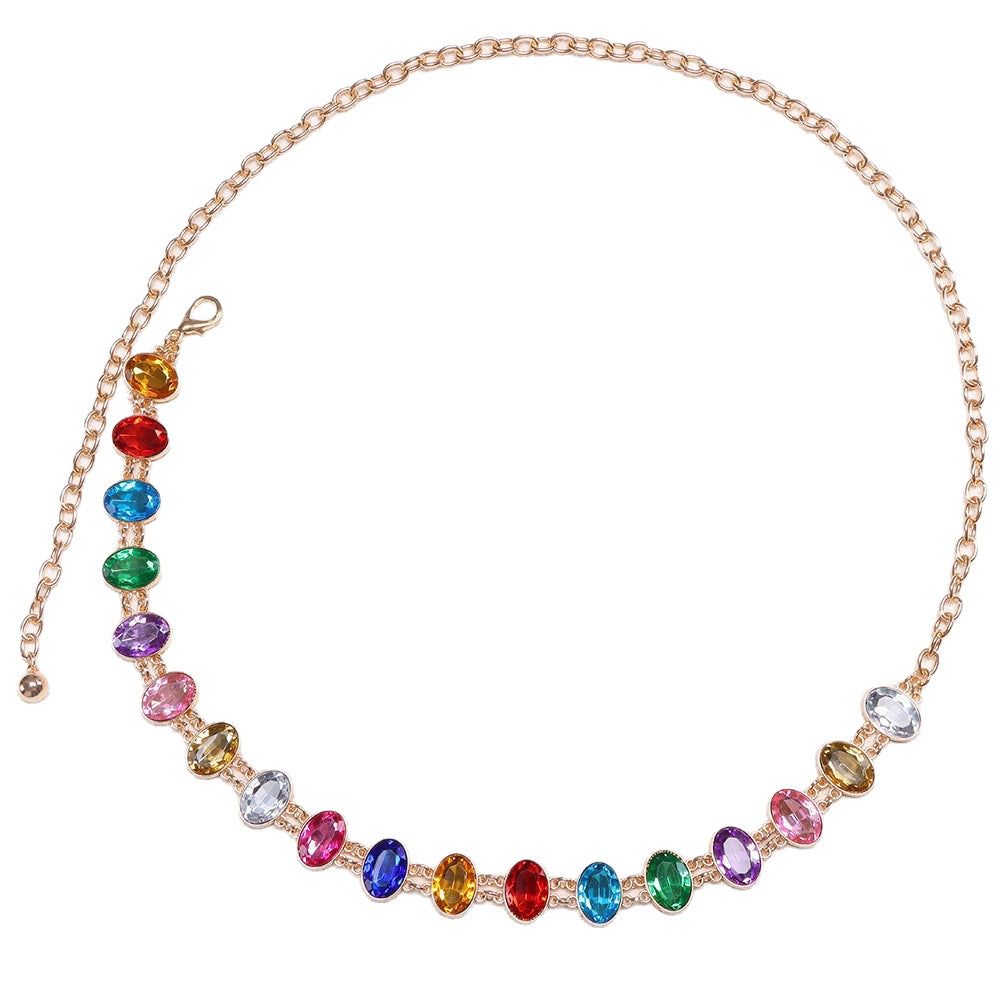 Women's Multicolor Stone Waist Chain with Oval Links