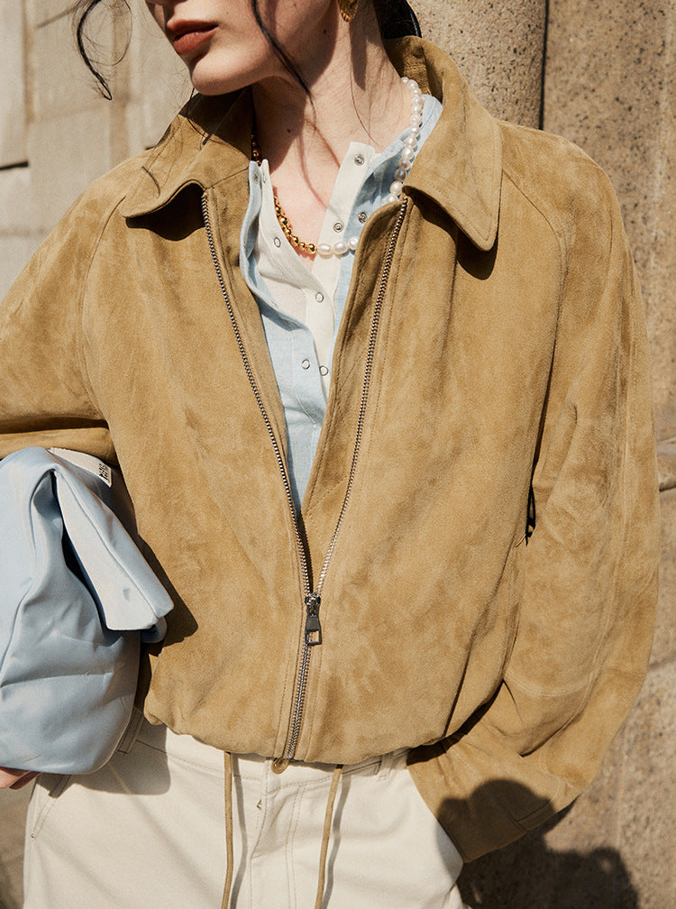 Tan Real Suede Leather Jacket for Women with Drawstring Hem