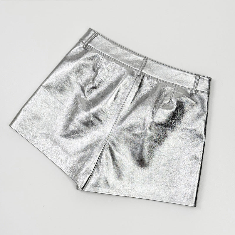 Women’s Silver Leather Mid-Rise Shorts