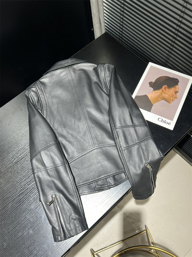 Women’s Genuine Leather Bomber Moto Jacket Black Short Fit