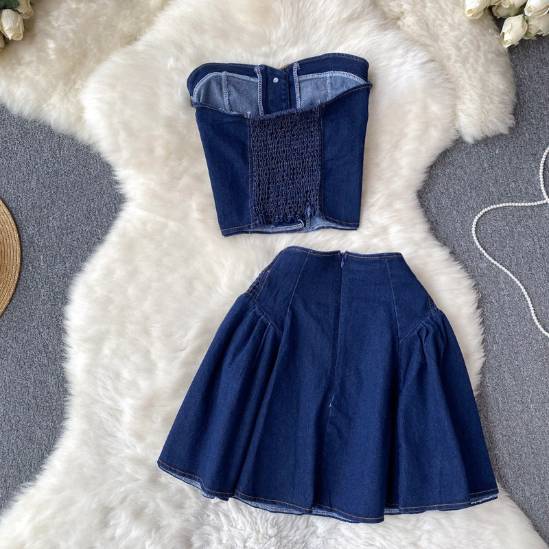 High Waist Denim Two Piece Skirt Set with Bustier Top for Women