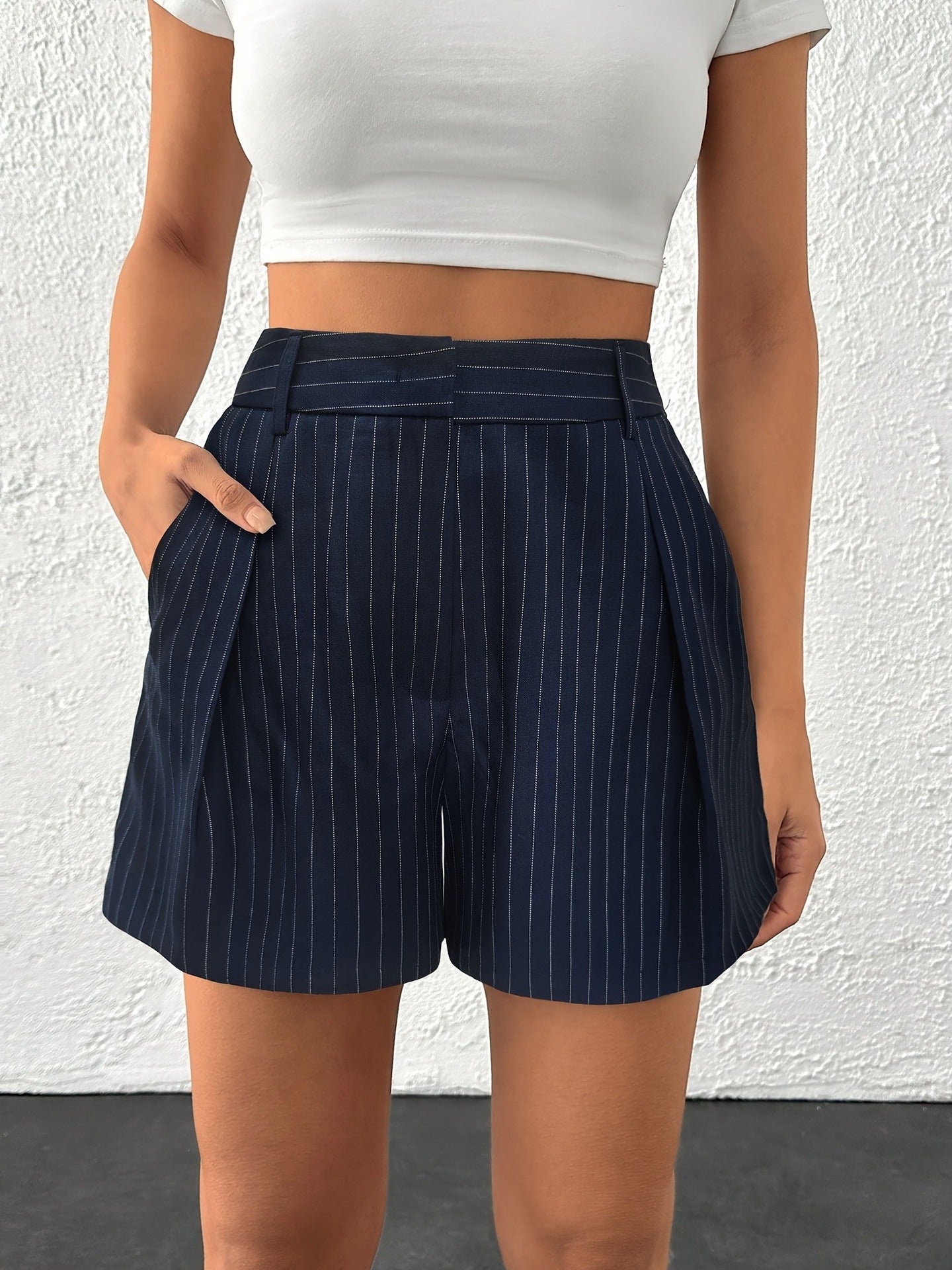 Navy Pinstripe High Waist Double Pocket Women’s Shorts