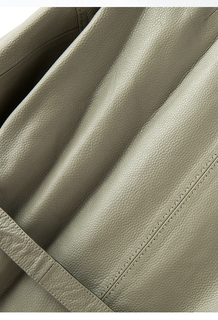 Women Leather Jacket Lychee Grain Belted Short Coat