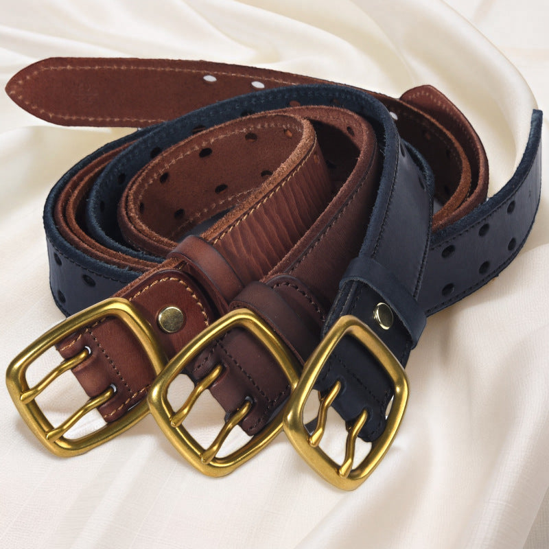 Men’s Genuine Leather Belt with Double Row Holes