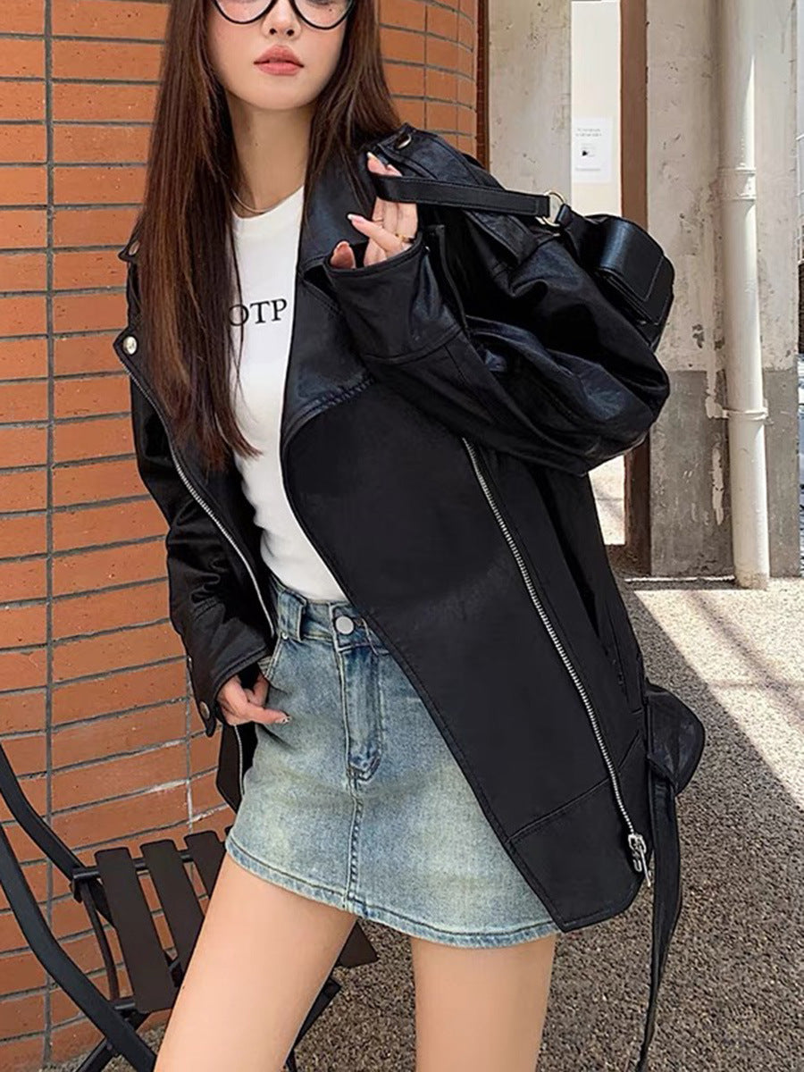 Women Oversized Genuine Leather Motorcycle Jacket Retro Washed