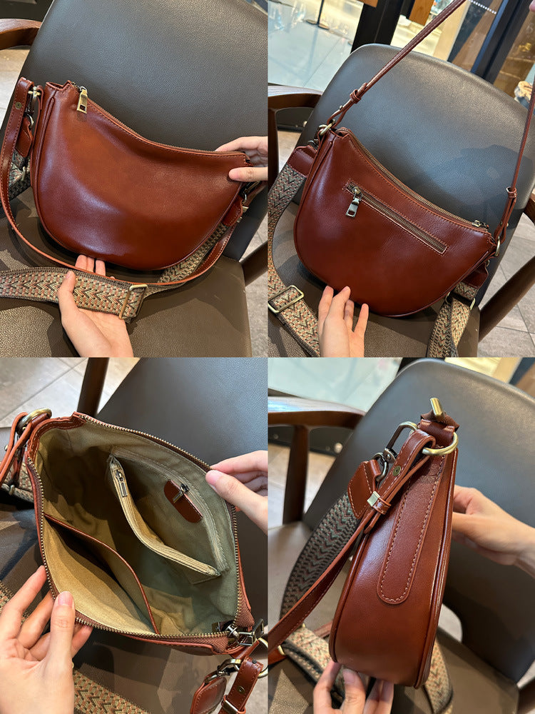 Leather Shoulder Bag Half-Moon Purse with Wide Strap