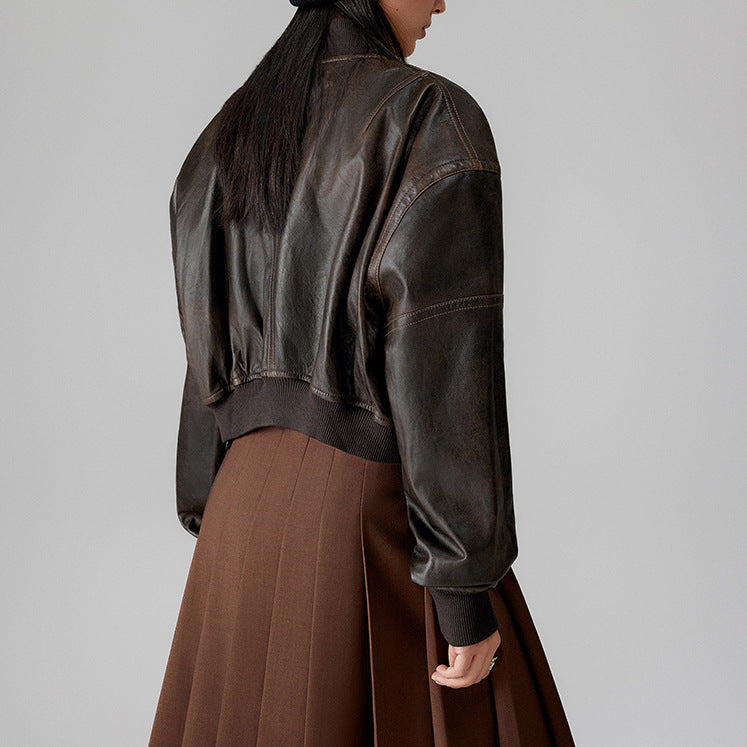 Women’s Genuine Leather Bomber Jacket Retro Baseball Style Coat
