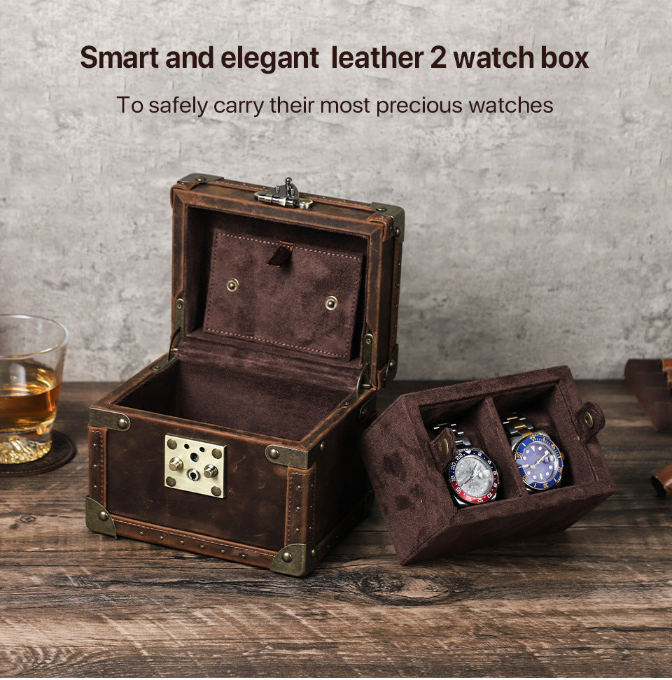 Brown Leather Watch Box for Men 2 Slot Display Case