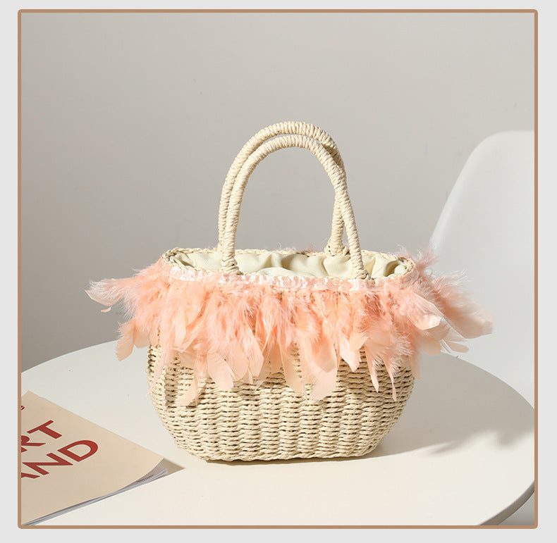 Woven Feather Straw Beach Bag White Fringe