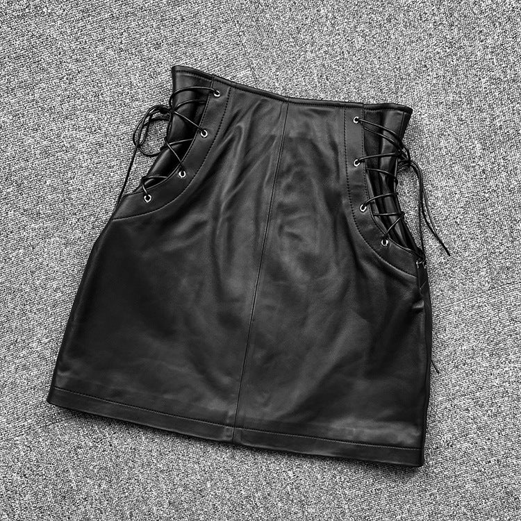 Leather Mini Skirt High Waist Front Lace-Up